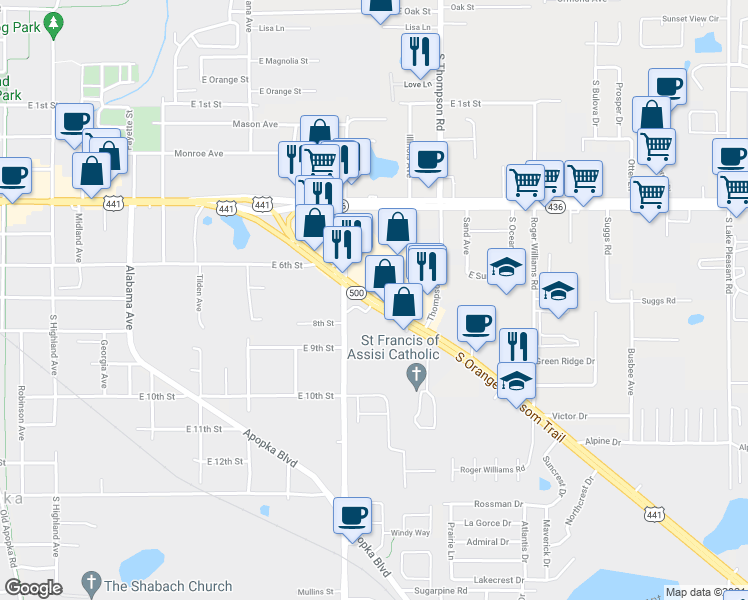 map of restaurants, bars, coffee shops, grocery stores, and more near 755 South Orange Blossom Trail in Apopka