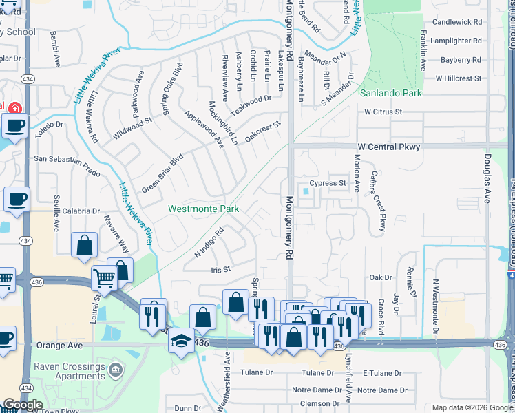 map of restaurants, bars, coffee shops, grocery stores, and more near 523 Heatherton Village in Altamonte Springs