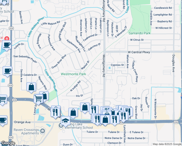 map of restaurants, bars, coffee shops, grocery stores, and more near 523 Heatherton Village in Altamonte Springs
