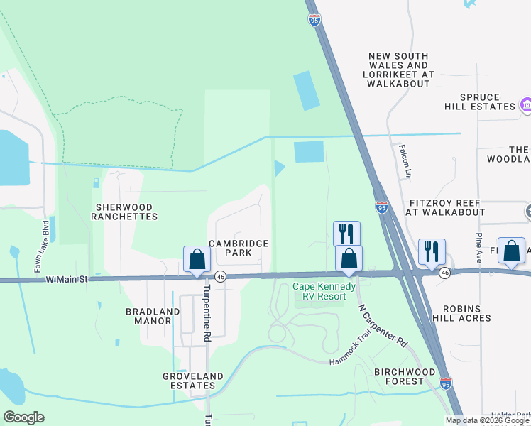 map of restaurants, bars, coffee shops, grocery stores, and more near 4791 Cambridge Drive in Mims