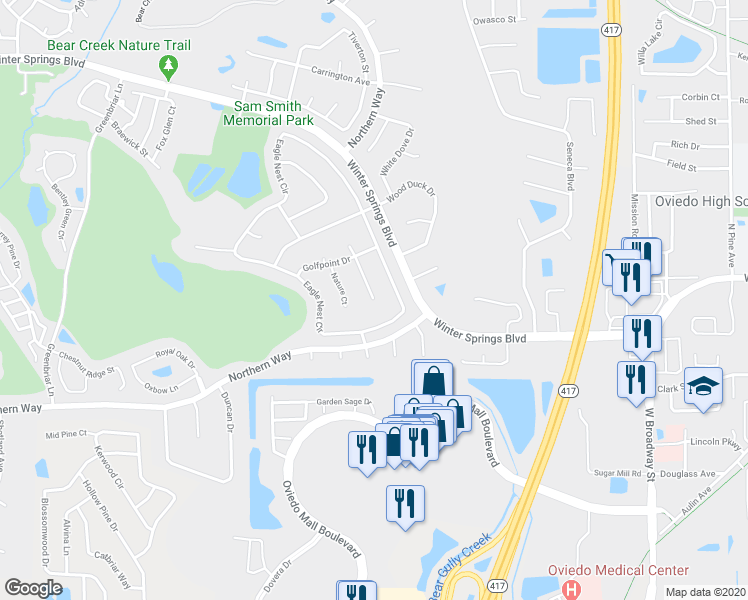 map of restaurants, bars, coffee shops, grocery stores, and more near 1523 South Greenleaf Court in Winter Springs