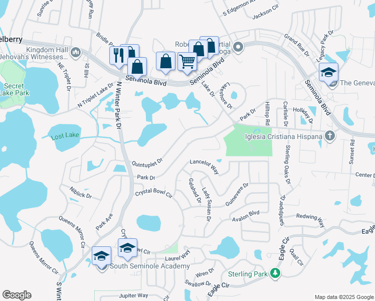 map of restaurants, bars, coffee shops, grocery stores, and more near 1176 Park Drive in Casselberry