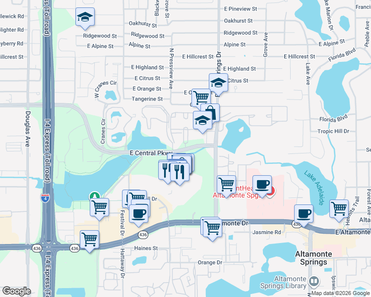 map of restaurants, bars, coffee shops, grocery stores, and more near 423 East Central Parkway in Altamonte Springs