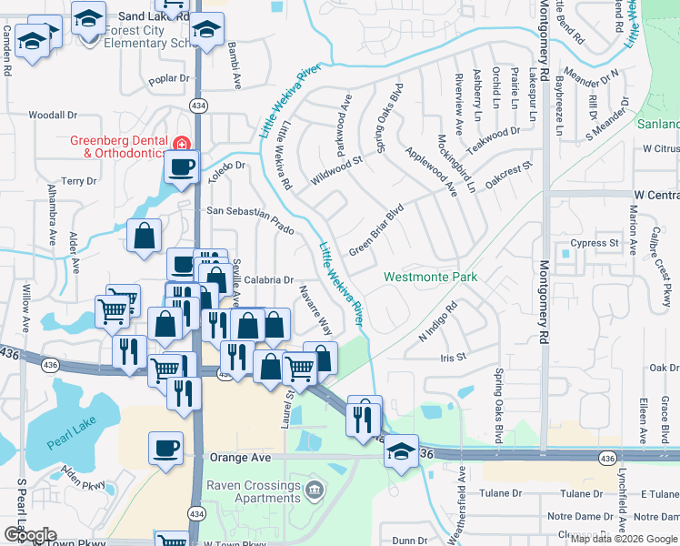 map of restaurants, bars, coffee shops, grocery stores, and more near 709 Little Wekiva Road in Altamonte Springs