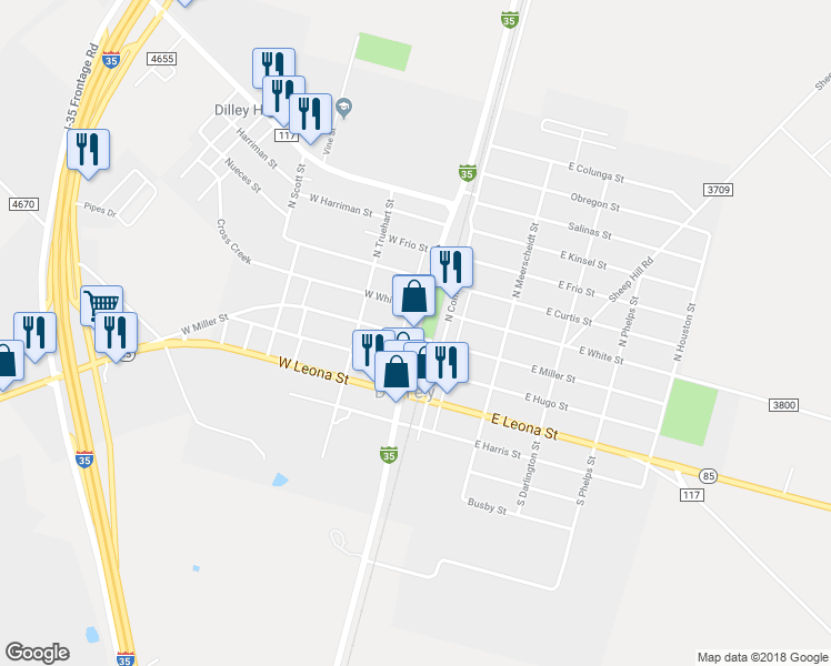 map of restaurants, bars, coffee shops, grocery stores, and more near 110 North Main Street in Dilley