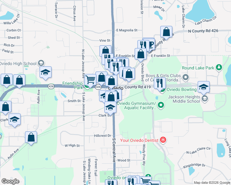 map of restaurants, bars, coffee shops, grocery stores, and more near 42 South Central Avenue in Oviedo