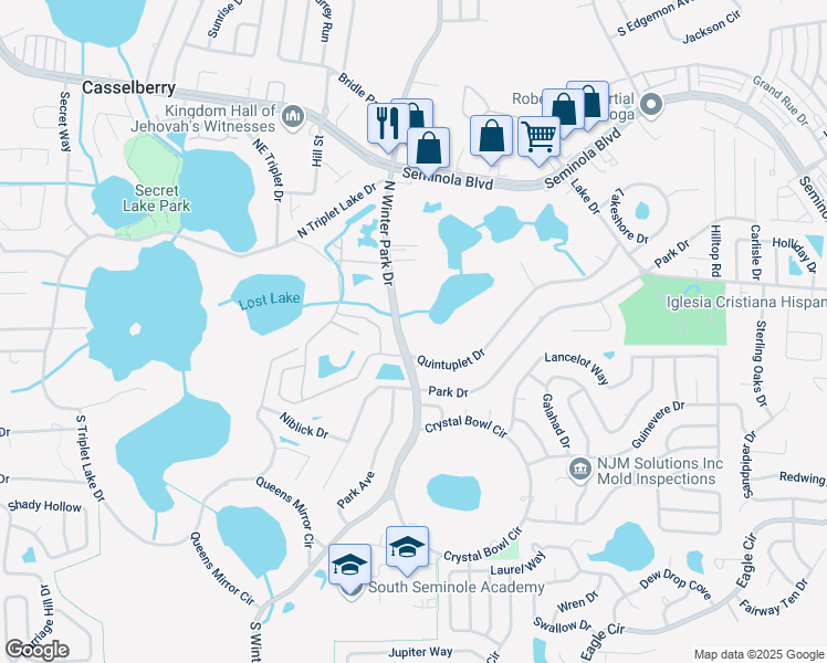 map of restaurants, bars, coffee shops, grocery stores, and more near 23 North Winter Park Drive in Casselberry