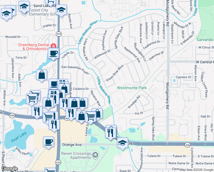 map of restaurants, bars, coffee shops, grocery stores, and more near 709 Little Wekiva Road in Altamonte Springs