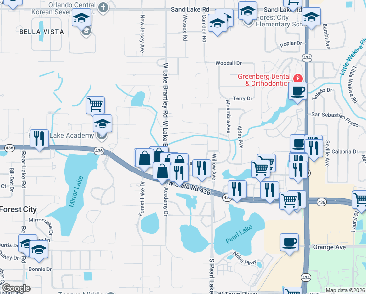 map of restaurants, bars, coffee shops, grocery stores, and more near 531 West Lake Brantley Road in Altamonte Springs