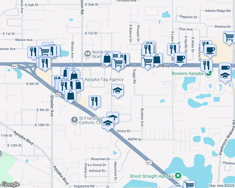 map of restaurants, bars, coffee shops, grocery stores, and more near 625 Roger Williams Road in Apopka