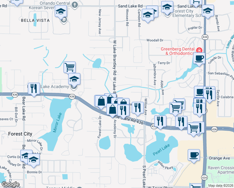 map of restaurants, bars, coffee shops, grocery stores, and more near 531 West Lake Brantley Road in Altamonte Springs