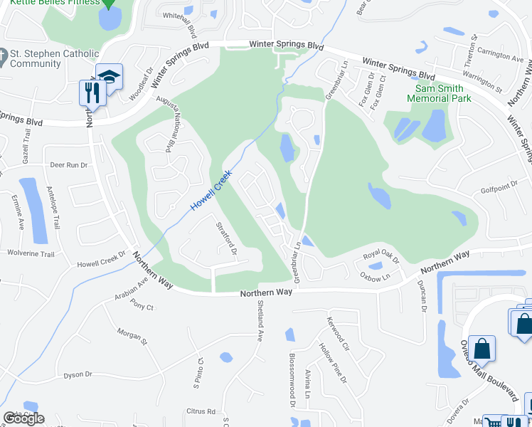 map of restaurants, bars, coffee shops, grocery stores, and more near 1007 Birkdale Trail in Winter Springs