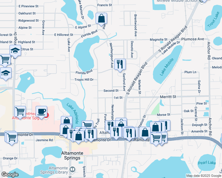 map of restaurants, bars, coffee shops, grocery stores, and more near 817 Second Street in Altamonte Springs