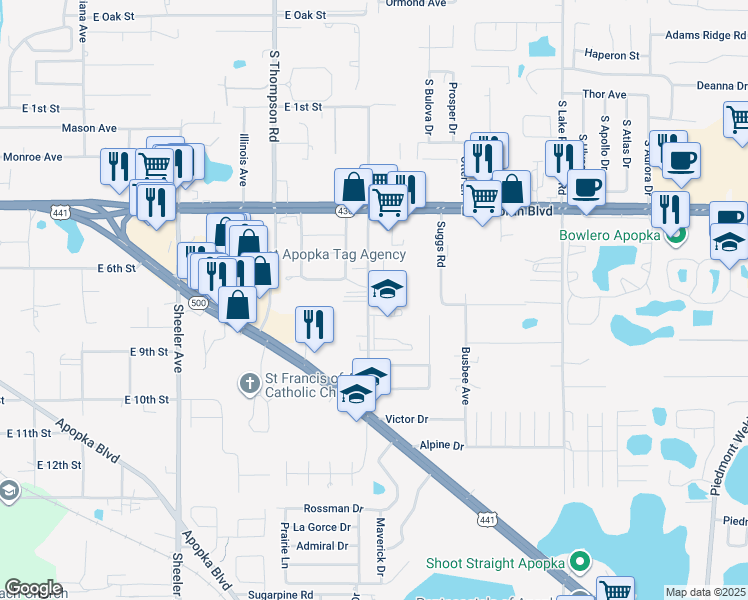 map of restaurants, bars, coffee shops, grocery stores, and more near 625 Roger Williams Road in Apopka