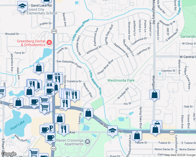 map of restaurants, bars, coffee shops, grocery stores, and more near 709 Little Wekiva Road in Altamonte Springs