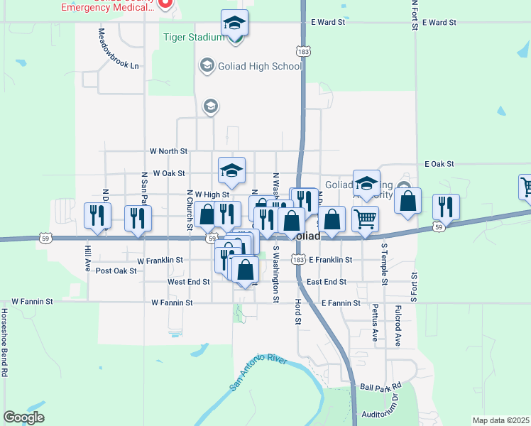 map of restaurants, bars, coffee shops, grocery stores, and more near 246 East Garden Street in Goliad