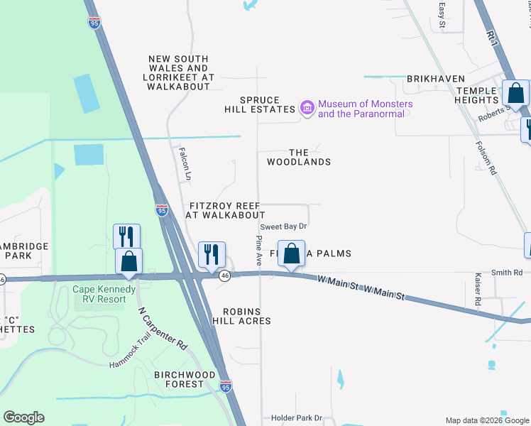 map of restaurants, bars, coffee shops, grocery stores, and more near 2609 Pine Avenue in Mims