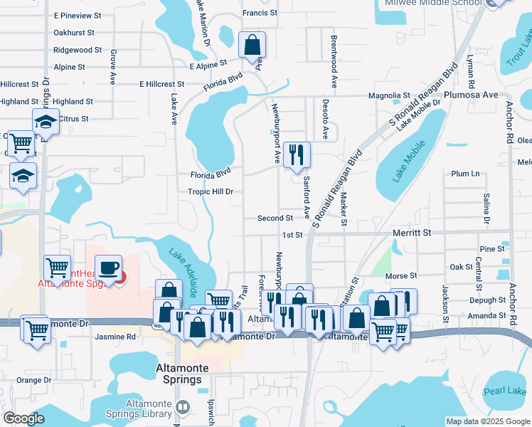 map of restaurants, bars, coffee shops, grocery stores, and more near 817 Second Street in Altamonte Springs