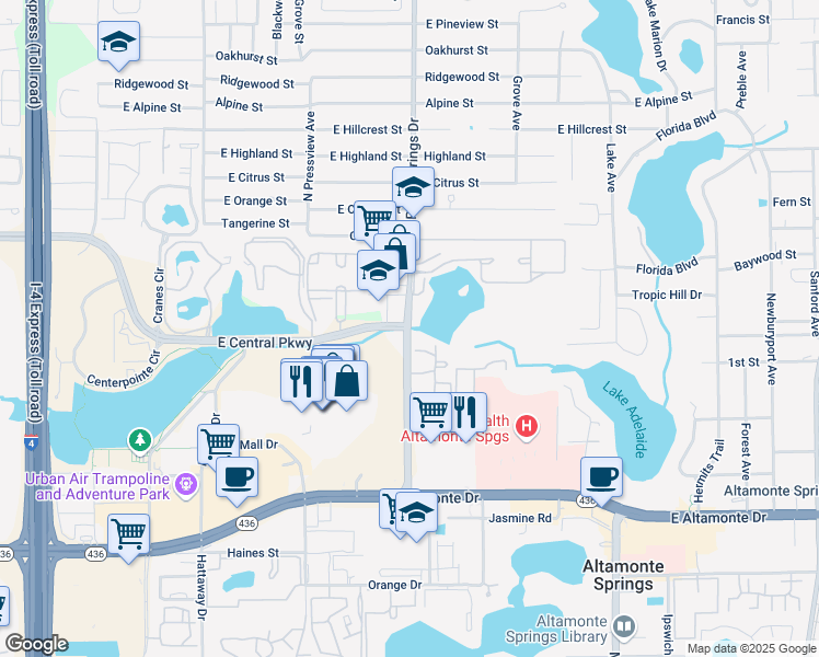 map of restaurants, bars, coffee shops, grocery stores, and more near Palm Springs Drive & East Central Parkway in Altamonte Springs