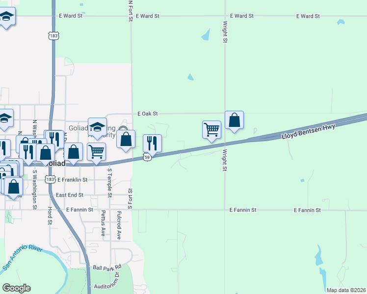 map of restaurants, bars, coffee shops, grocery stores, and more near 1296 U.S. 59 in Goliad