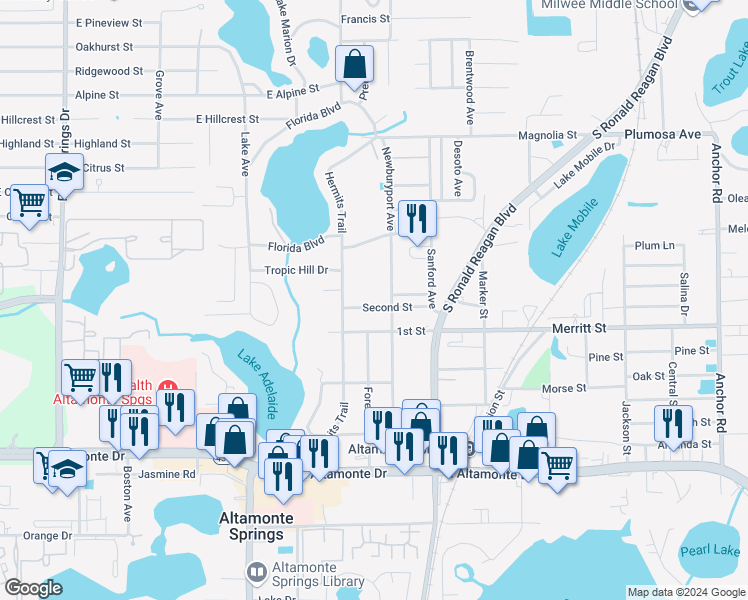 map of restaurants, bars, coffee shops, grocery stores, and more near 817 Second Street in Altamonte Springs