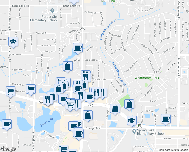 map of restaurants, bars, coffee shops, grocery stores, and more near 503 Seville Avenue in Altamonte Springs
