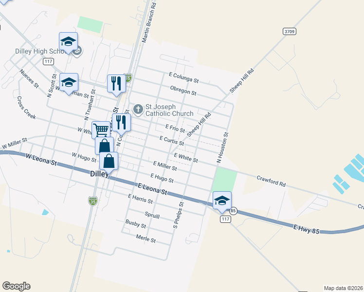 map of restaurants, bars, coffee shops, grocery stores, and more near 319 East Curtis Street in Dilley