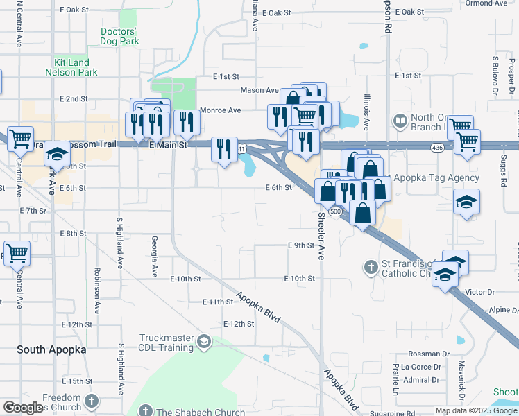 map of restaurants, bars, coffee shops, grocery stores, and more near 655 Vine Court in Apopka
