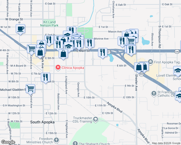 map of restaurants, bars, coffee shops, grocery stores, and more near 461 East 7th Street in Apopka