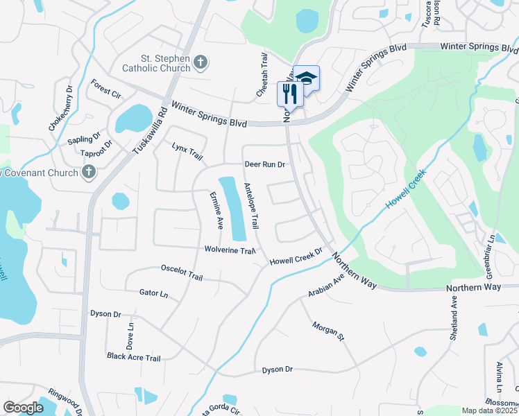 map of restaurants, bars, coffee shops, grocery stores, and more near 1017 Antelope Trail in Winter Springs