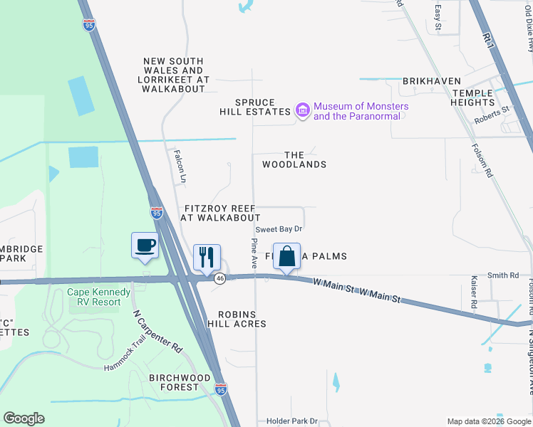 map of restaurants, bars, coffee shops, grocery stores, and more near 2609 Pine Avenue in Mims