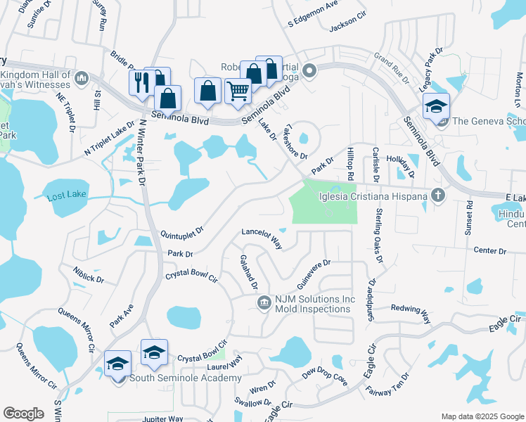 map of restaurants, bars, coffee shops, grocery stores, and more near 1200 Rolling Lane in Casselberry
