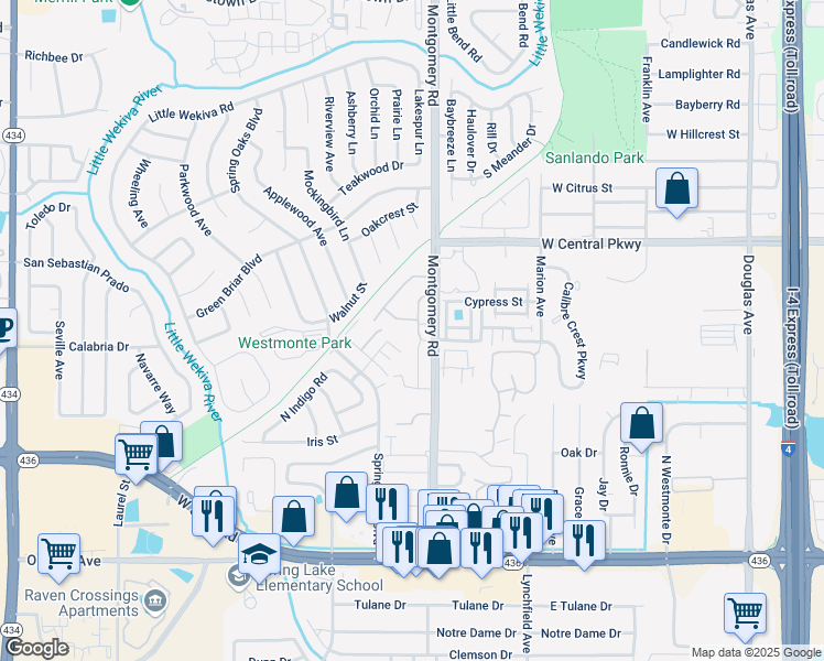 map of restaurants, bars, coffee shops, grocery stores, and more near 455 South Netherwood Crescent in Altamonte Springs