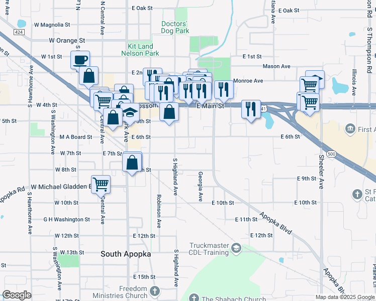 map of restaurants, bars, coffee shops, grocery stores, and more near 675 Woodlane Circle in Apopka