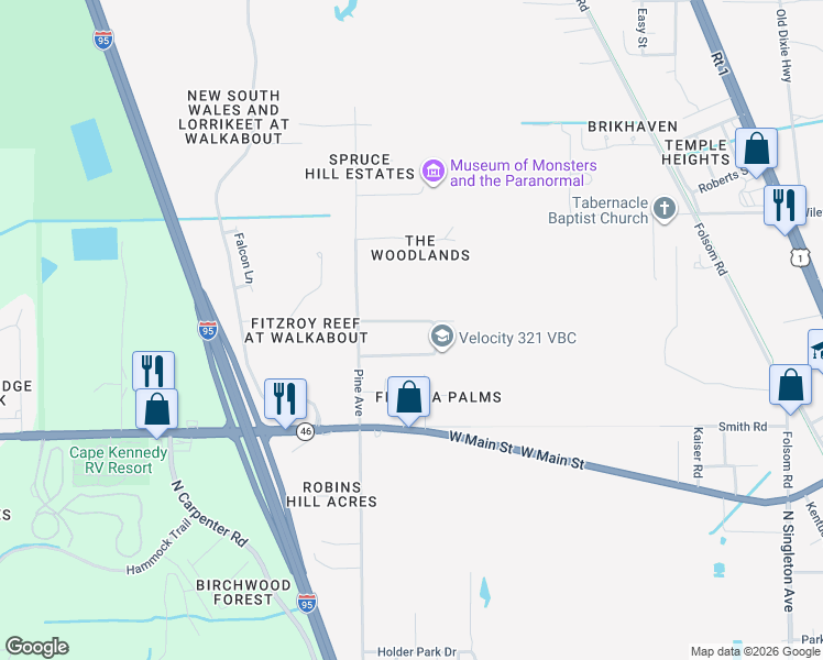 map of restaurants, bars, coffee shops, grocery stores, and more near 4103 Black Gum Drive in Mims