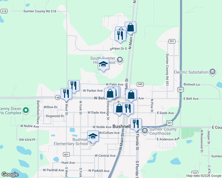 map of restaurants, bars, coffee shops, grocery stores, and more near 128 West Parker Avenue in Bushnell