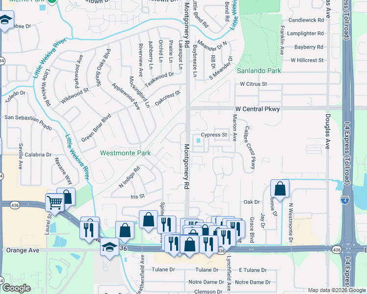 map of restaurants, bars, coffee shops, grocery stores, and more near 455 South Netherwood Crescent in Altamonte Springs