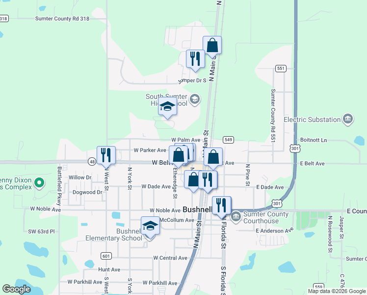 map of restaurants, bars, coffee shops, grocery stores, and more near 128 West Parker Avenue in Bushnell