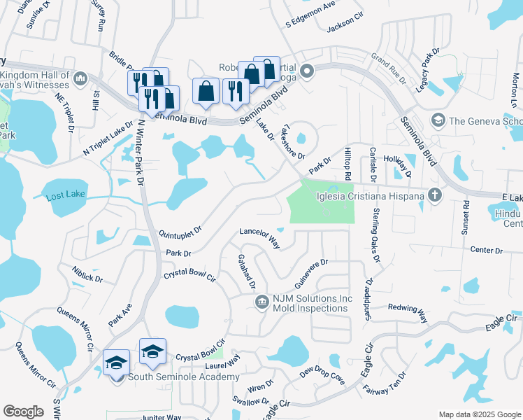 map of restaurants, bars, coffee shops, grocery stores, and more near 1200 Rolling Lane in Casselberry