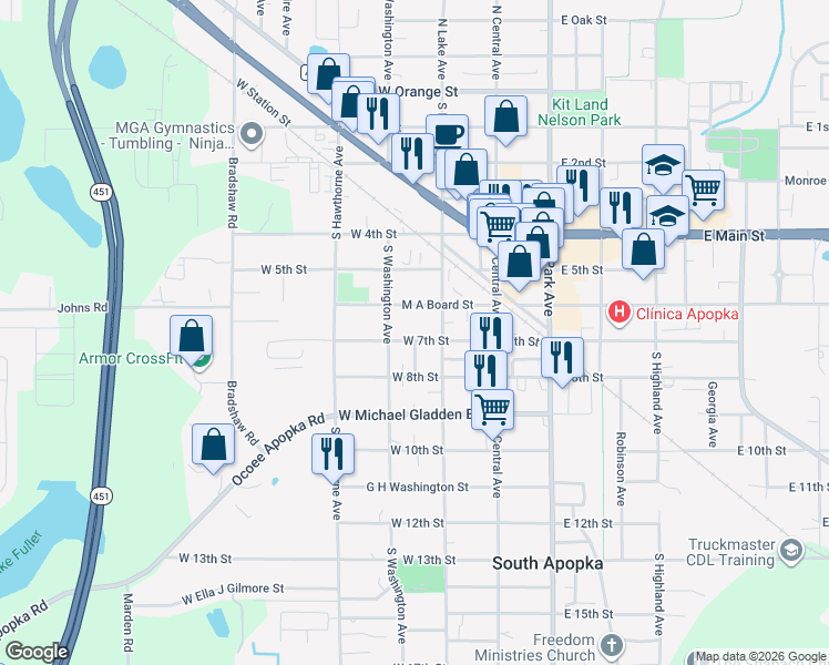 map of restaurants, bars, coffee shops, grocery stores, and more near 126 West 7th Street in Apopka