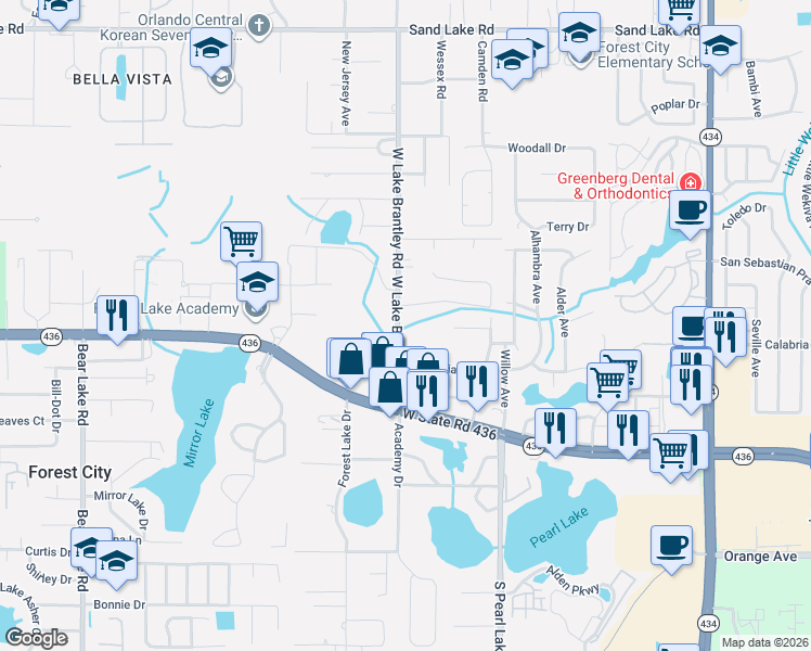 map of restaurants, bars, coffee shops, grocery stores, and more near 531 West Lake Brantley Road in Altamonte Springs