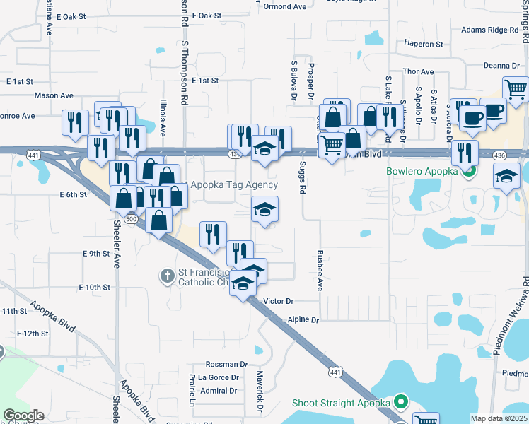 map of restaurants, bars, coffee shops, grocery stores, and more near 625 Roger Williams Road in Apopka