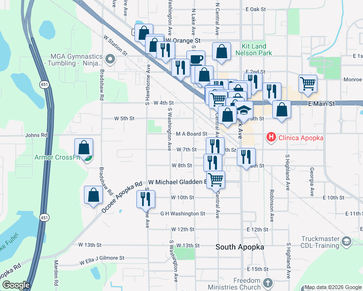 map of restaurants, bars, coffee shops, grocery stores, and more near 126 West 7th Street in Apopka