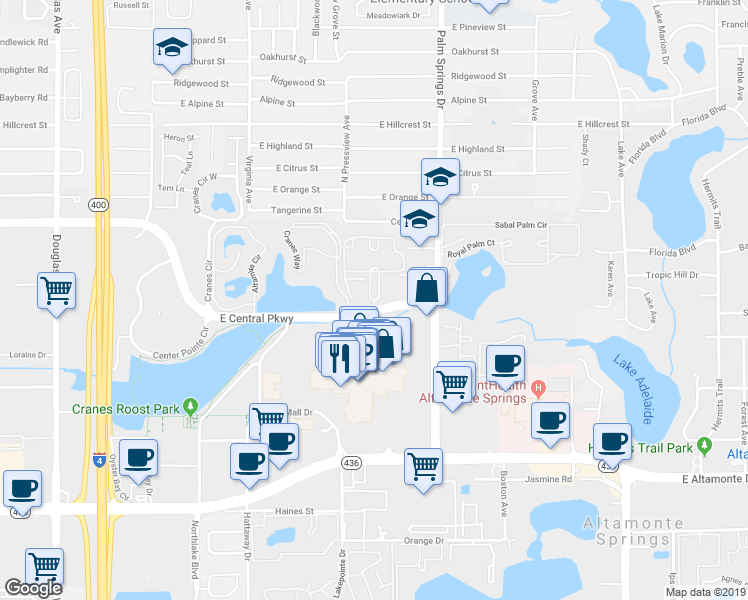 map of restaurants, bars, coffee shops, grocery stores, and more near 545 One Center Boulevard in Altamonte Springs