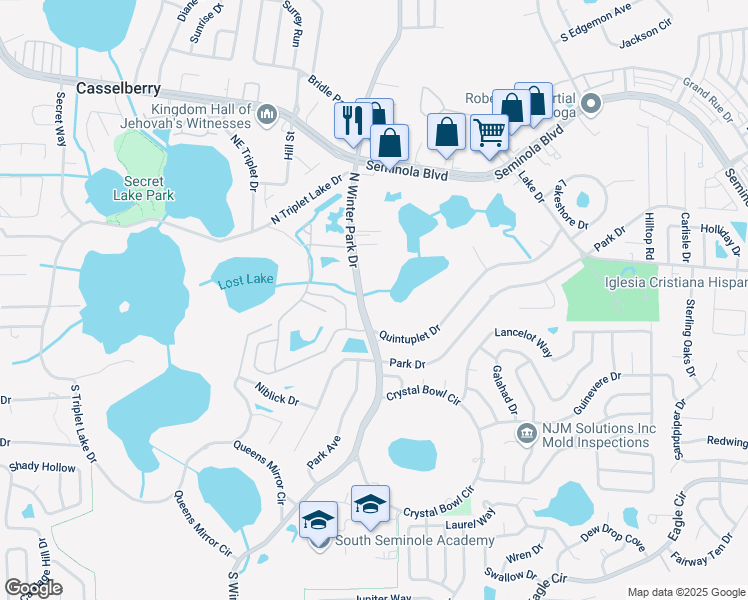 map of restaurants, bars, coffee shops, grocery stores, and more near 23 North Winter Park Drive in Casselberry