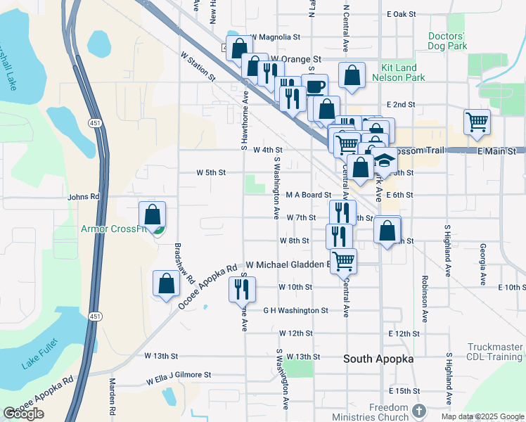 map of restaurants, bars, coffee shops, grocery stores, and more near 203 West 7th Street in Apopka