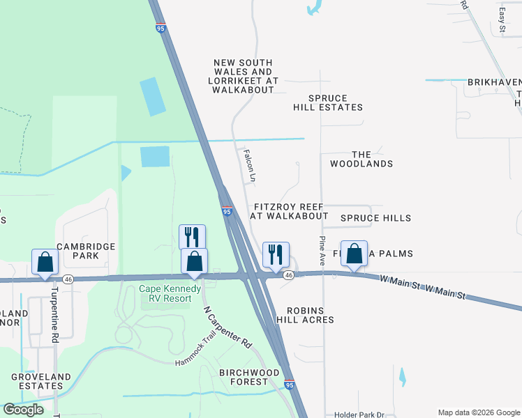 map of restaurants, bars, coffee shops, grocery stores, and more near 4337 Fitzroy Reef Drive in Mims