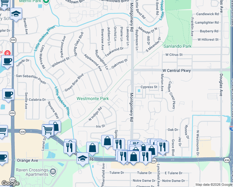 map of restaurants, bars, coffee shops, grocery stores, and more near 505 Via Del Oro Drive in Altamonte Springs