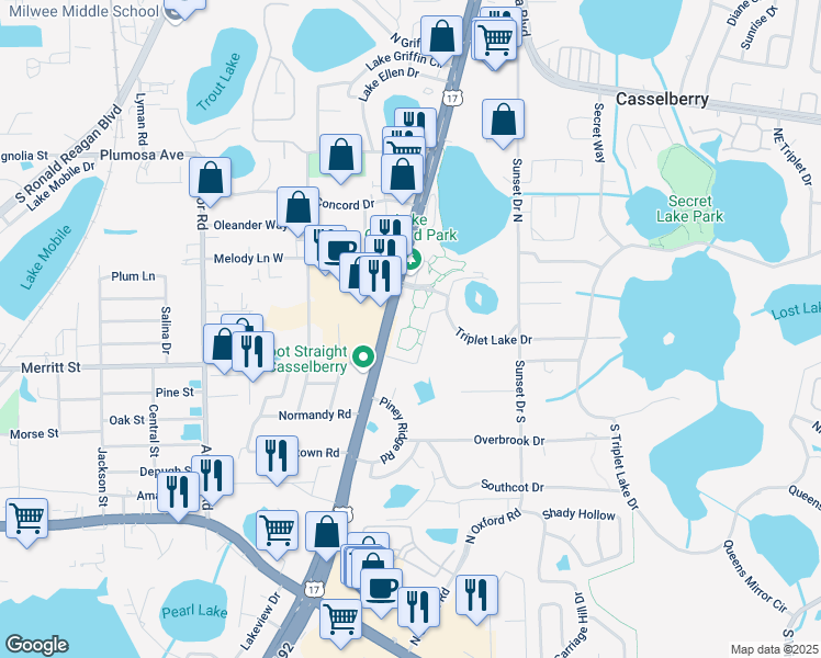 map of restaurants, bars, coffee shops, grocery stores, and more near 3160 Integra Lakes Lane in Casselberry