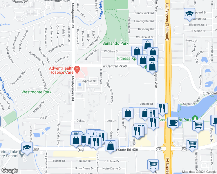 map of restaurants, bars, coffee shops, grocery stores, and more near 586 Calibre Crest Parkway in Altamonte Springs